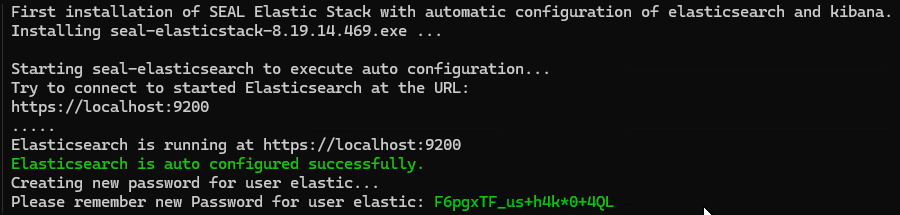 Excerpt of an Elastic Stack installation showing the newly created password for the elastic user